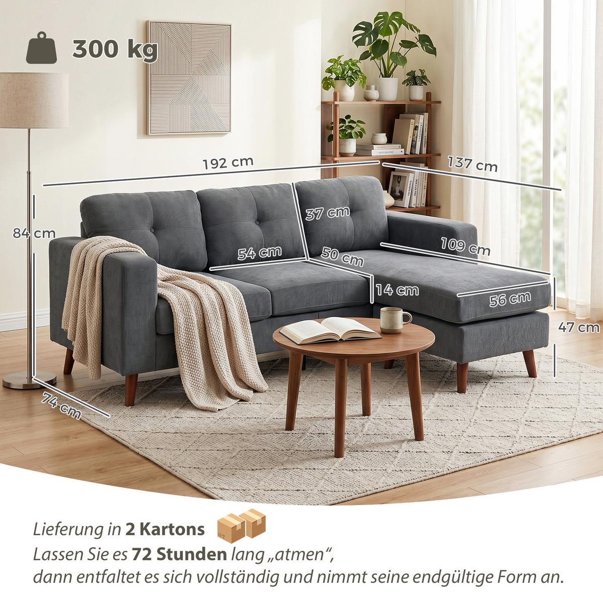 ECKSOFA Polyester Dunkelgrau - Dunkelgrau/Schwarz, Holzwerkstoff/Kunststoff (137/192cm) - HOMCOM