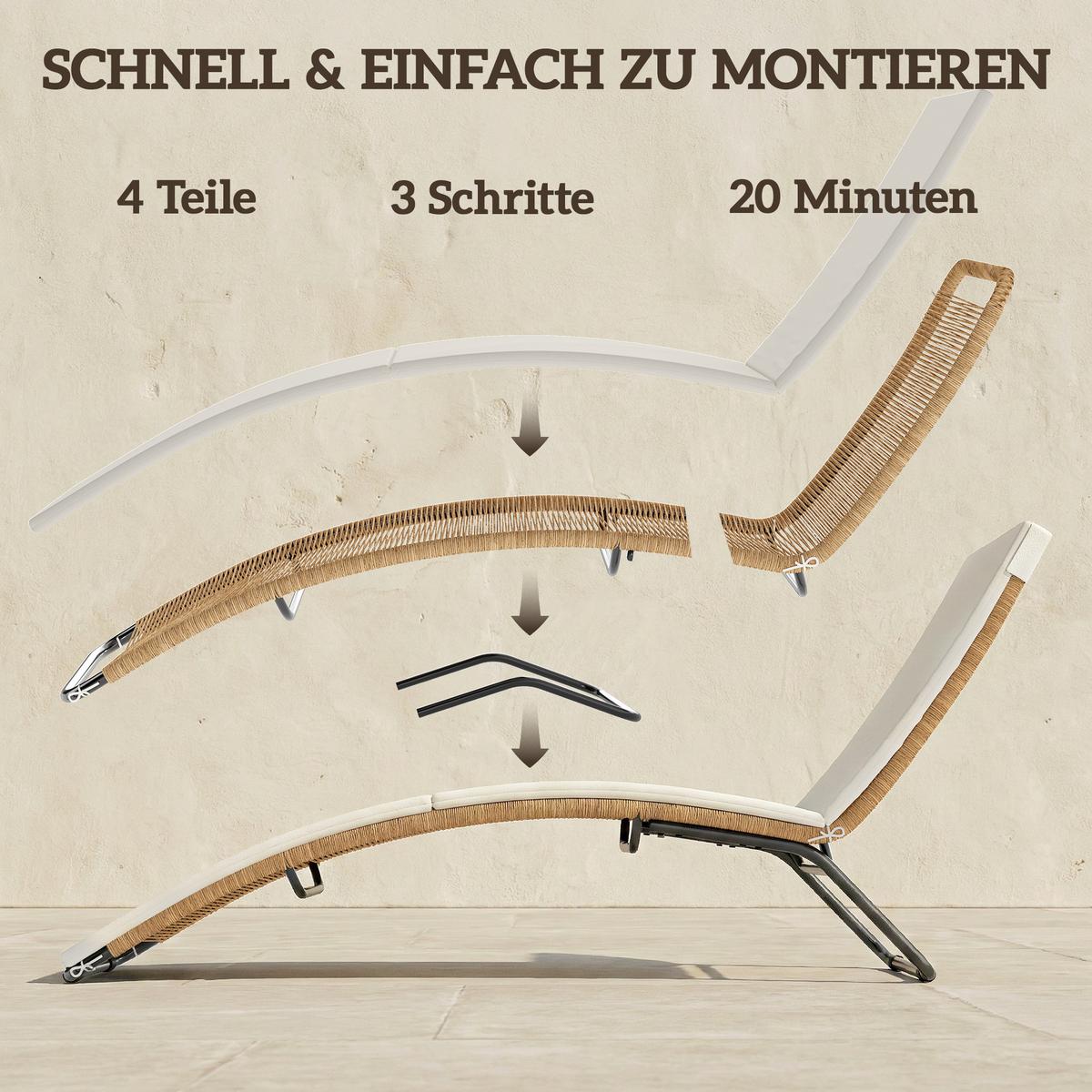 RATTAN-SONNENLIEGE Stahl PE-Rattan Cremeweiß - Creme/Weiß, Textil/Metall (57/80/175cm) - Outsunny