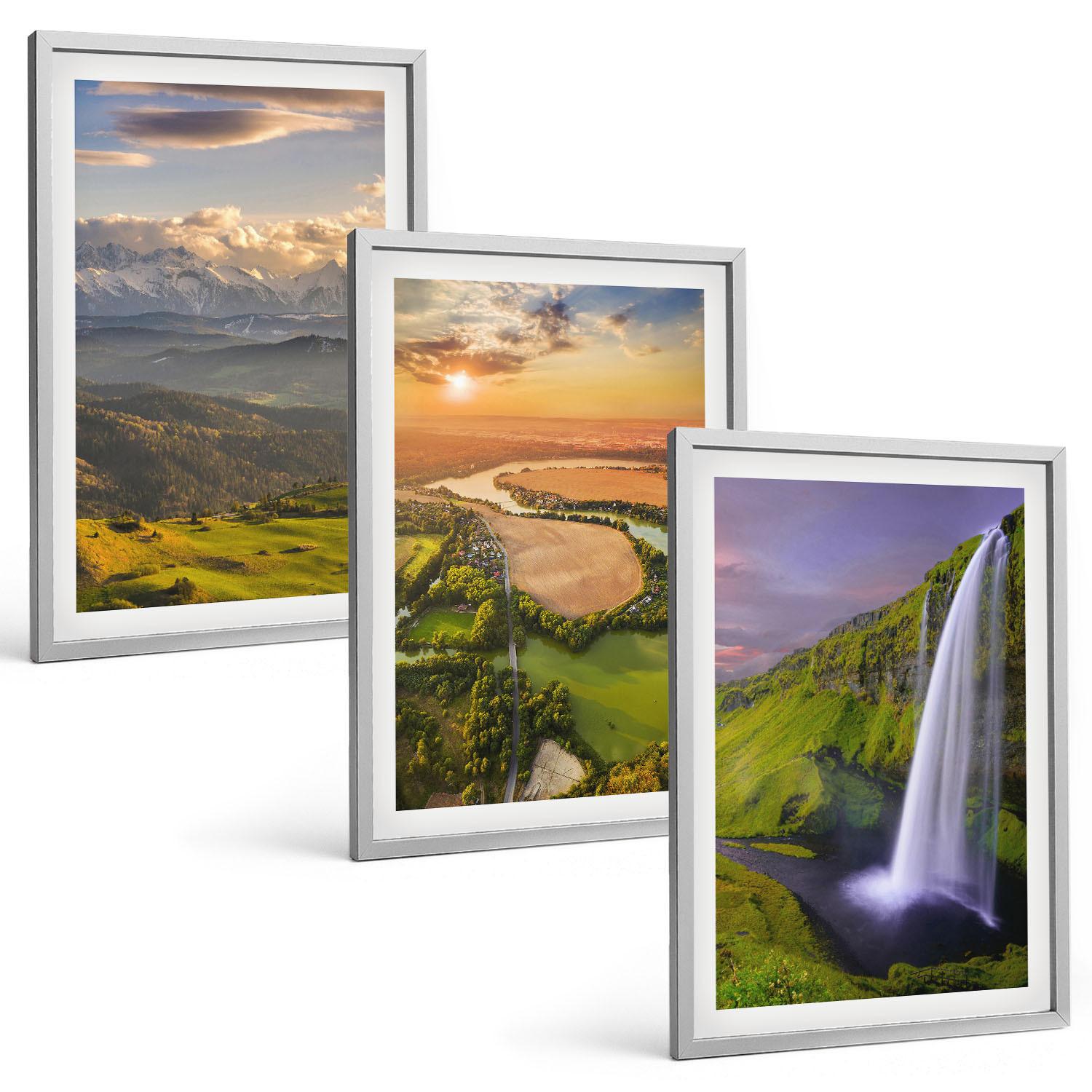 BILDER SET 3er Set - 40x60 cm Silberner Rahmen - Gebirgsflüsse, Wasserfälle, Natur - Silberfarben, Kunststoff (40/60cm) - TULUP