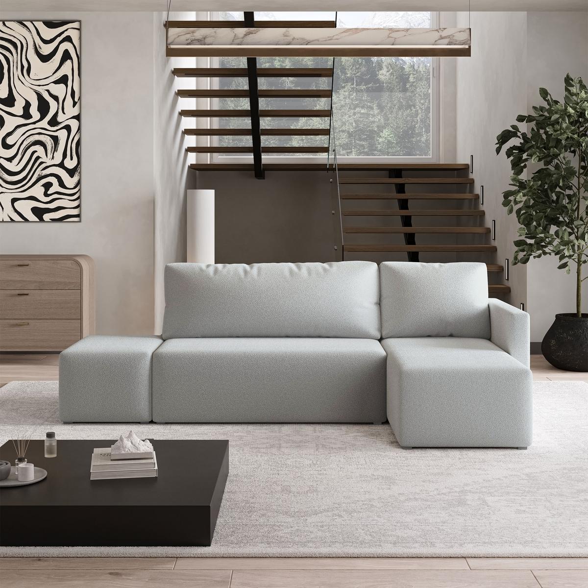 ECKSOFA VELOTTI R-S Hellgrau Boucle-Stoff mit Schlaffunktion - Hellgrau, Holz (261/143cm) - MASSENO