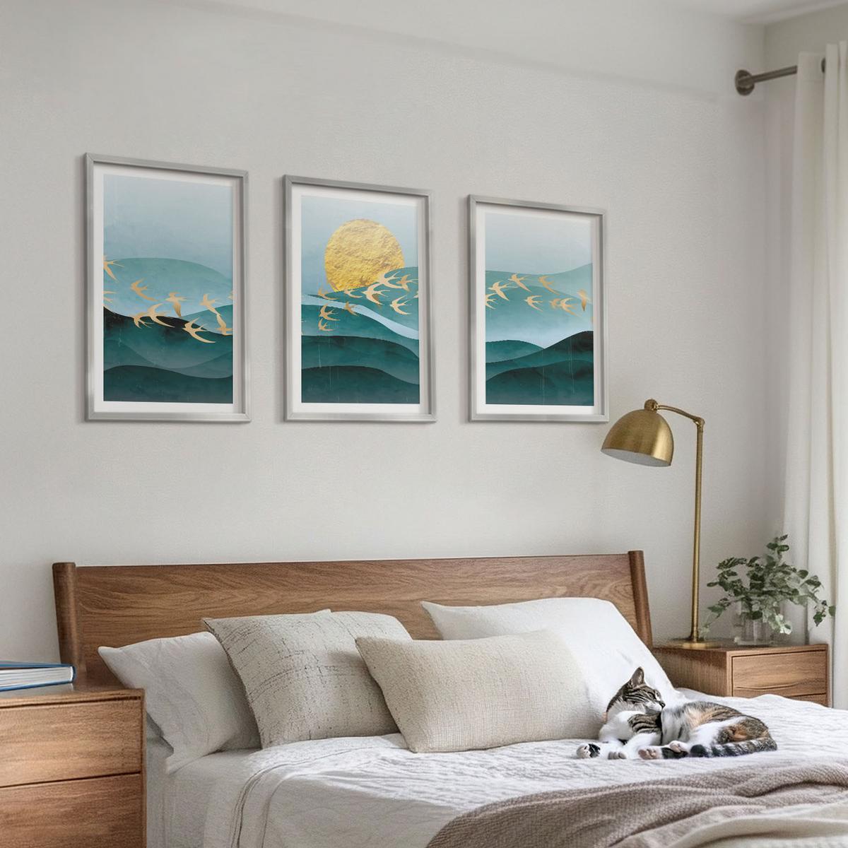 BILDER SET 3er Set - 40x60 cm Silberner Rahmen - Abstrakte Sonnenuntergangslandschaften - Silberfarben, Kunststoff (40/60cm) - TULUP