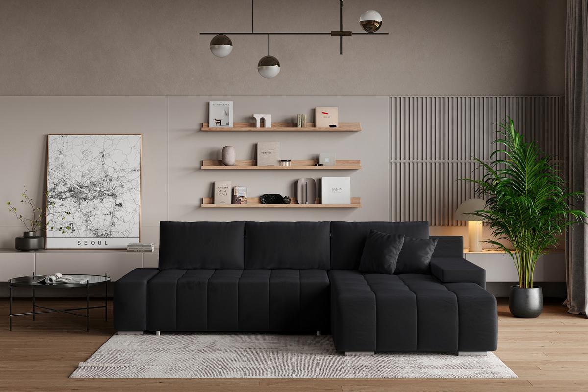 ECKSOFA ALESE R-S Schwarz Velours-Stoff mit Schlaffunktion - Silberfarben/Schwarz, Holz/Textil (265/185cm) - MASSENO