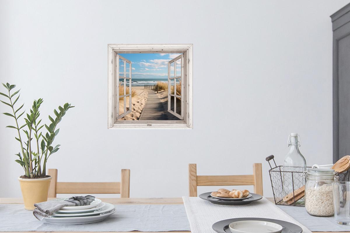 WANDTATTOO Fenster - Meer - Küste - Natur - Ausblick - Strand - Wattenmeer Wanddeko 50x50 cm - Beige, Kunststoff (50/50/0.1cm) - MuchoWow