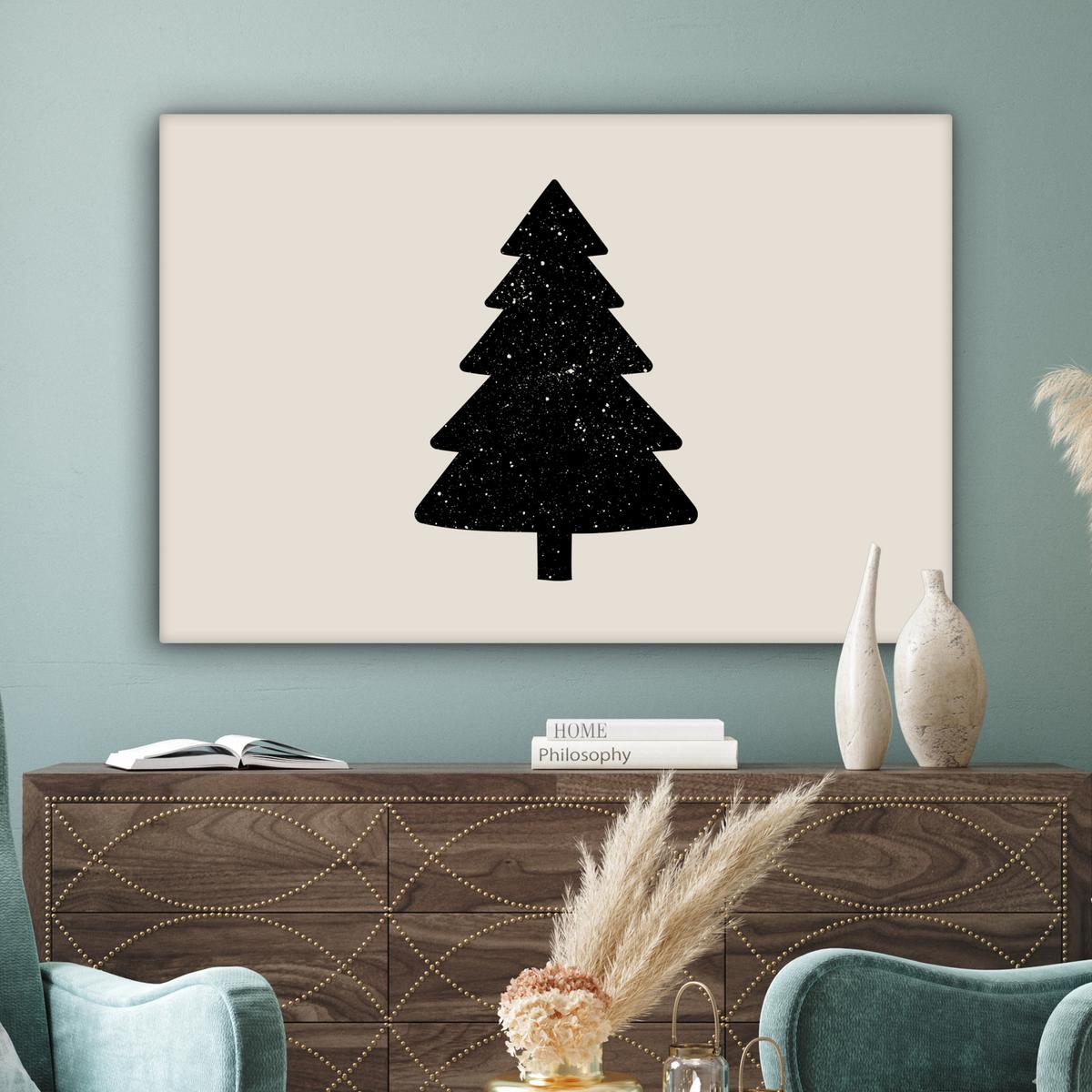 LEINWANDBILD Weihnachtsbaum - Schwarz - Urlaub - Beige Wohnzimmer Groß 120x80 cm - Schwarz, Textil (120/80cm) - MuchoWow