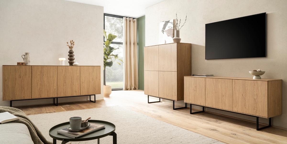 WOHNWAND Stone Eiche, Wohnkombination 2-teilig 280 cm, mit Push-to-Open - Eichefarben/Schwarz, Holzwerkstoff/Metall (280/137/40cm) - Furn.Design