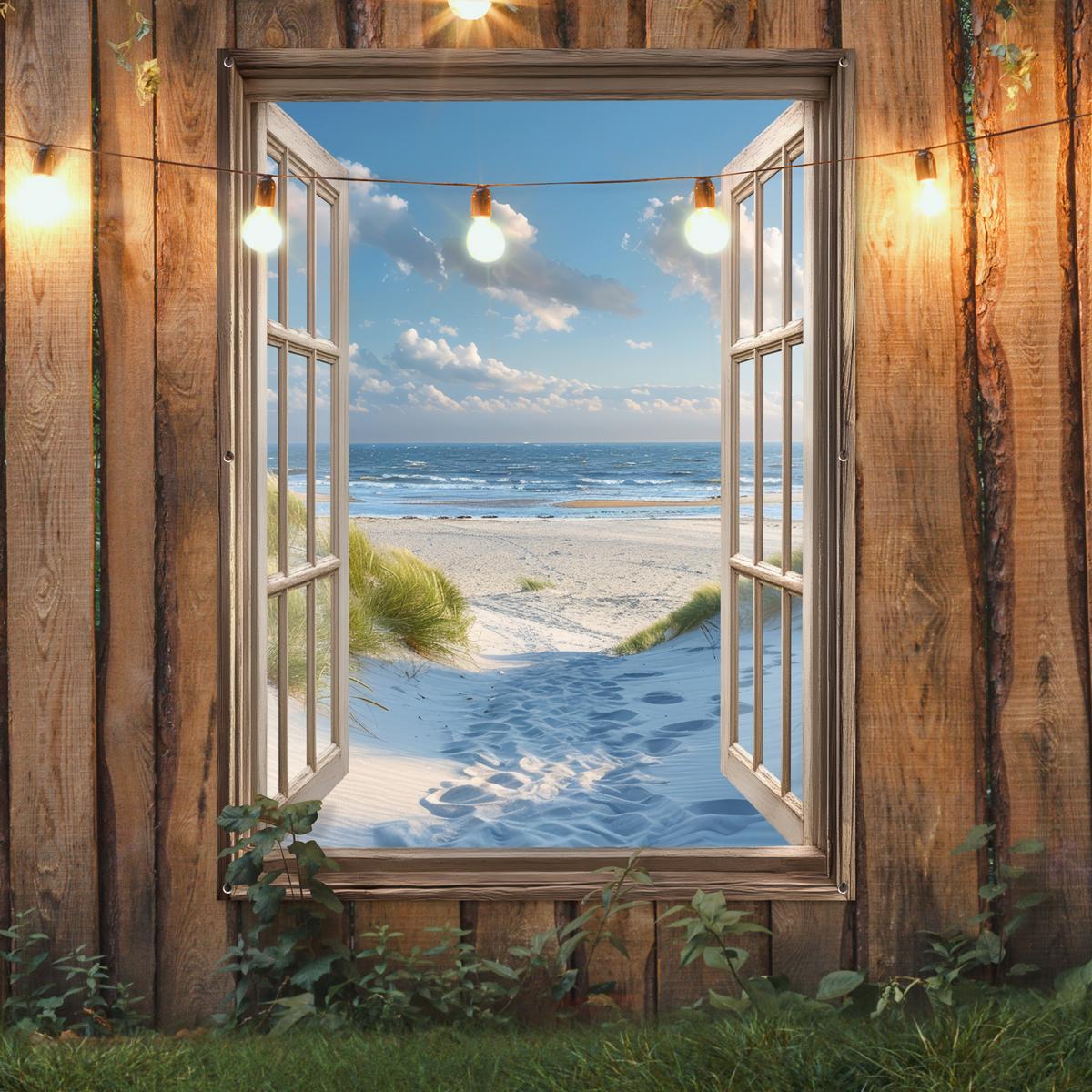 GARTENPOSTER Aussicht - Strand - Fenster - Dünen - Meer Gartendekoration 120x160 cm - Hellblau, Kunststoff (120/160/0.2cm) - OnlyWow