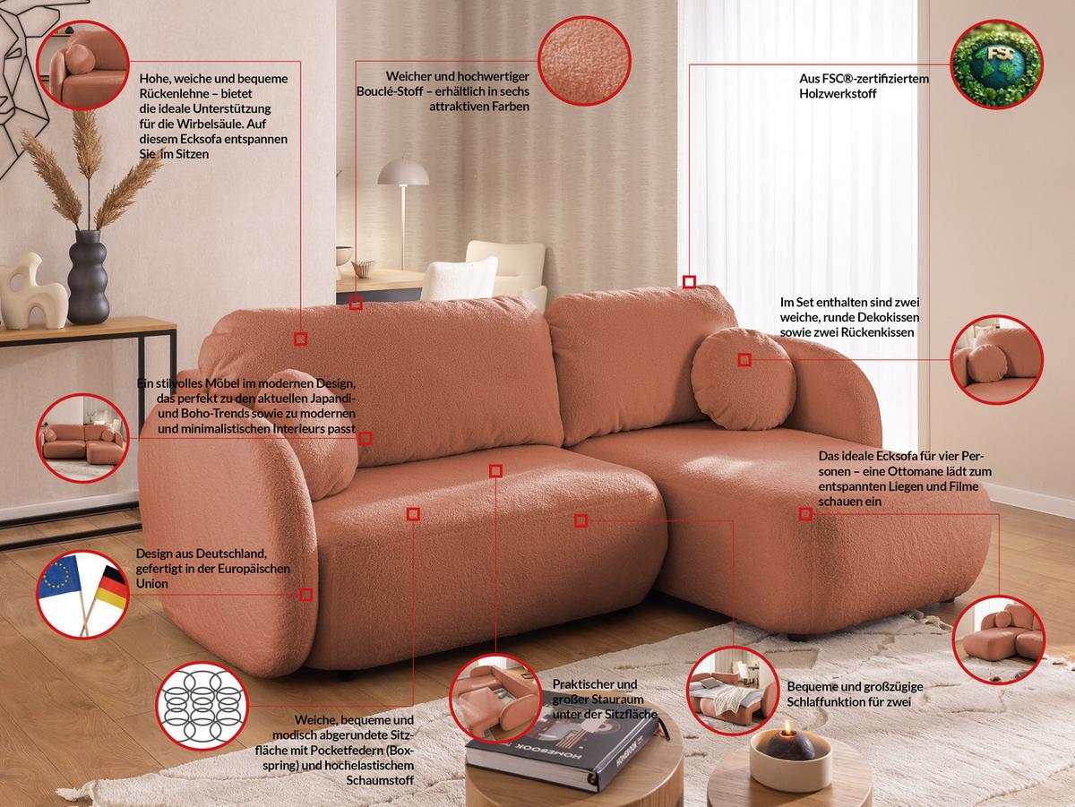 ECKSOFA Candy mit Schlaffunktion Terrakotta Bouclé-Stoff - Ottomane rechts - Rostfarben/Terracotta, Holz/Kunststoff (146/230cm) - S-Style Möbel