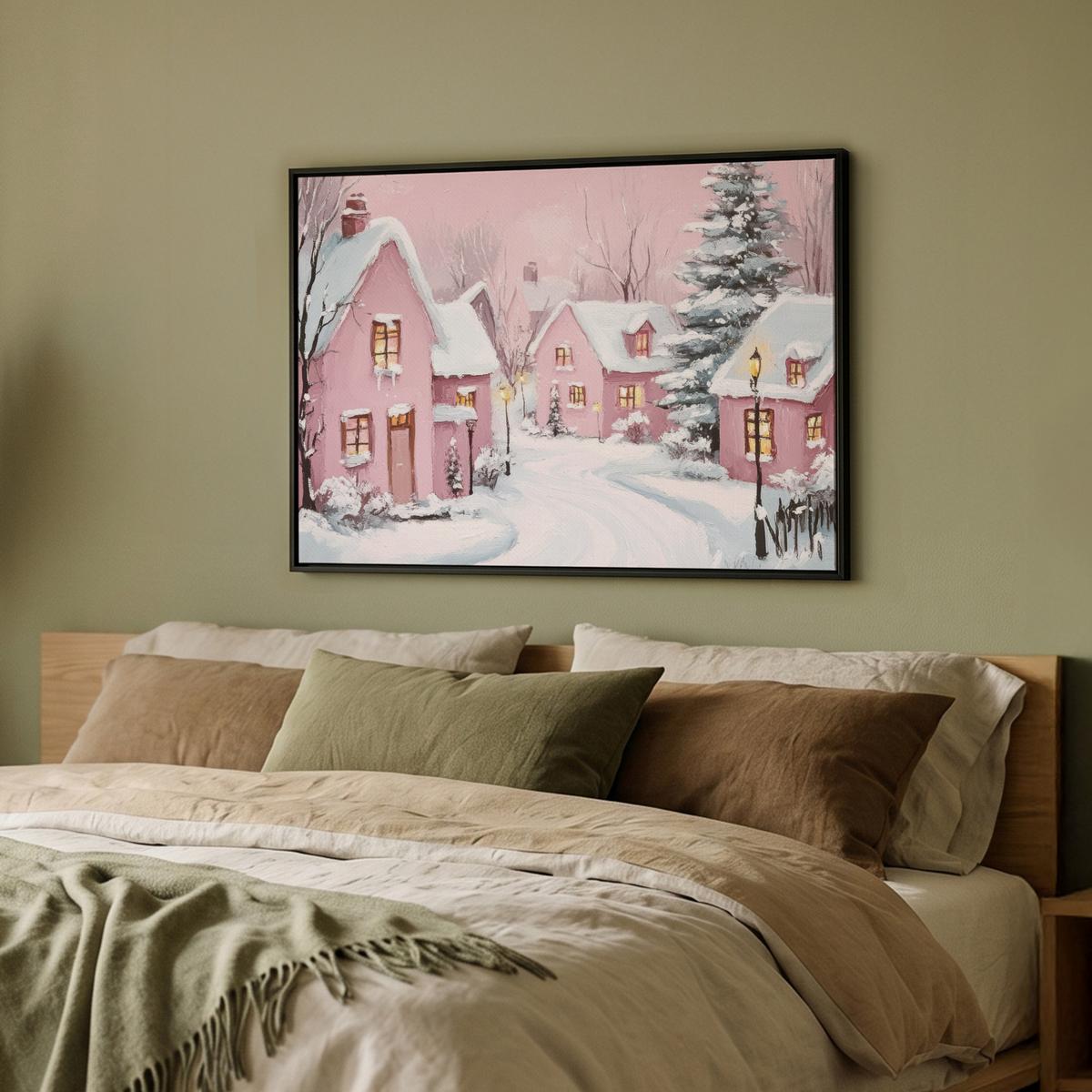 LEINWAND Bilder mit Rahmen - Weihnachtsdorf - Rosa - Winter - Schnee - Häuser - 70x50 - Altrosa, Textil (70/50cm) - MuchoWow