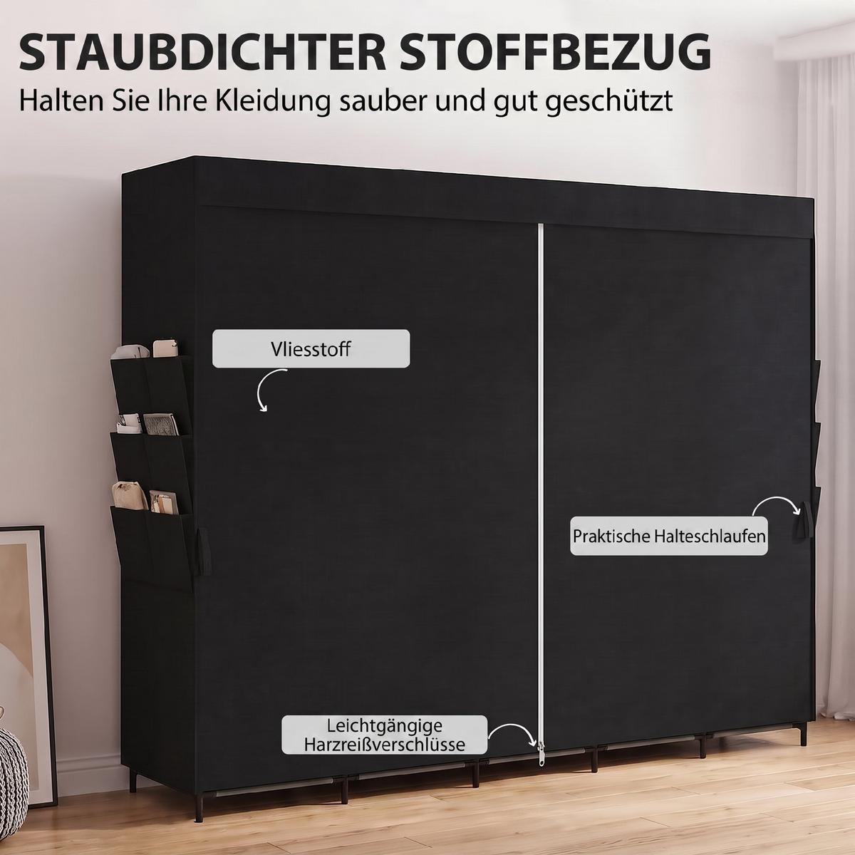 STOFFSCHRANK Stahl Vliesstoff Schwarz - Schwarz, Textil/Metall (45/167/212cm) - HOMCOM