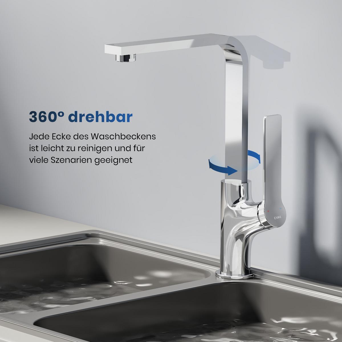 KÜCHENARMATUR mit 360° Drehbar Edelstahl Einhebelmischer Chrom - Chromfarben, Metall (22.5/10.1/30.3cm) - EMKE