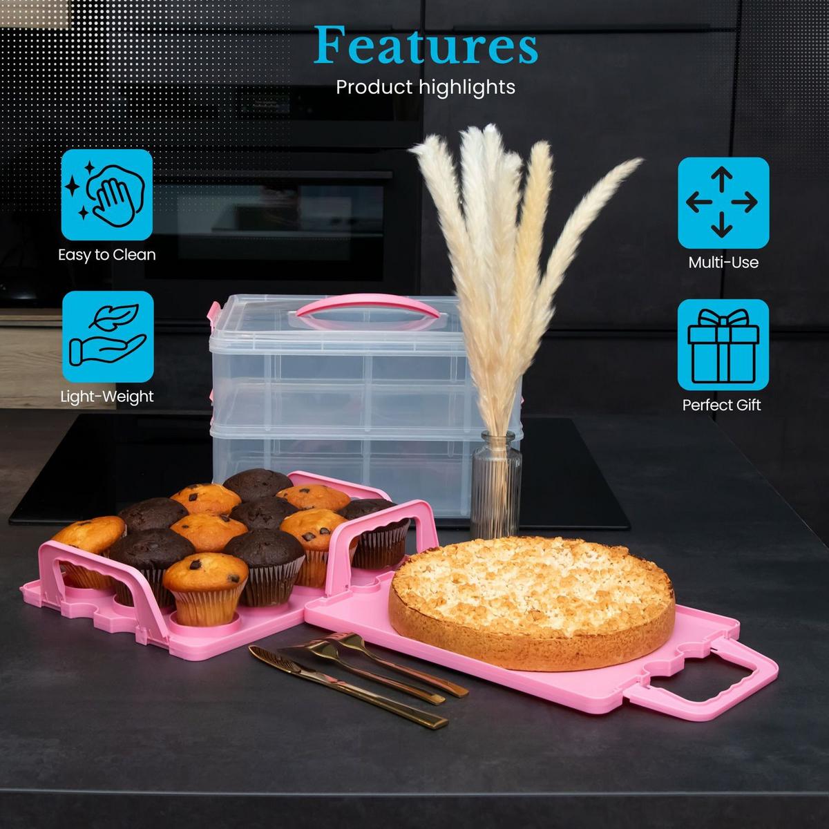 TRANSPORTBOX Behälter Kuchen - Pink, Kunststoff (26.1/21.2/36.1cm) - Intirilife