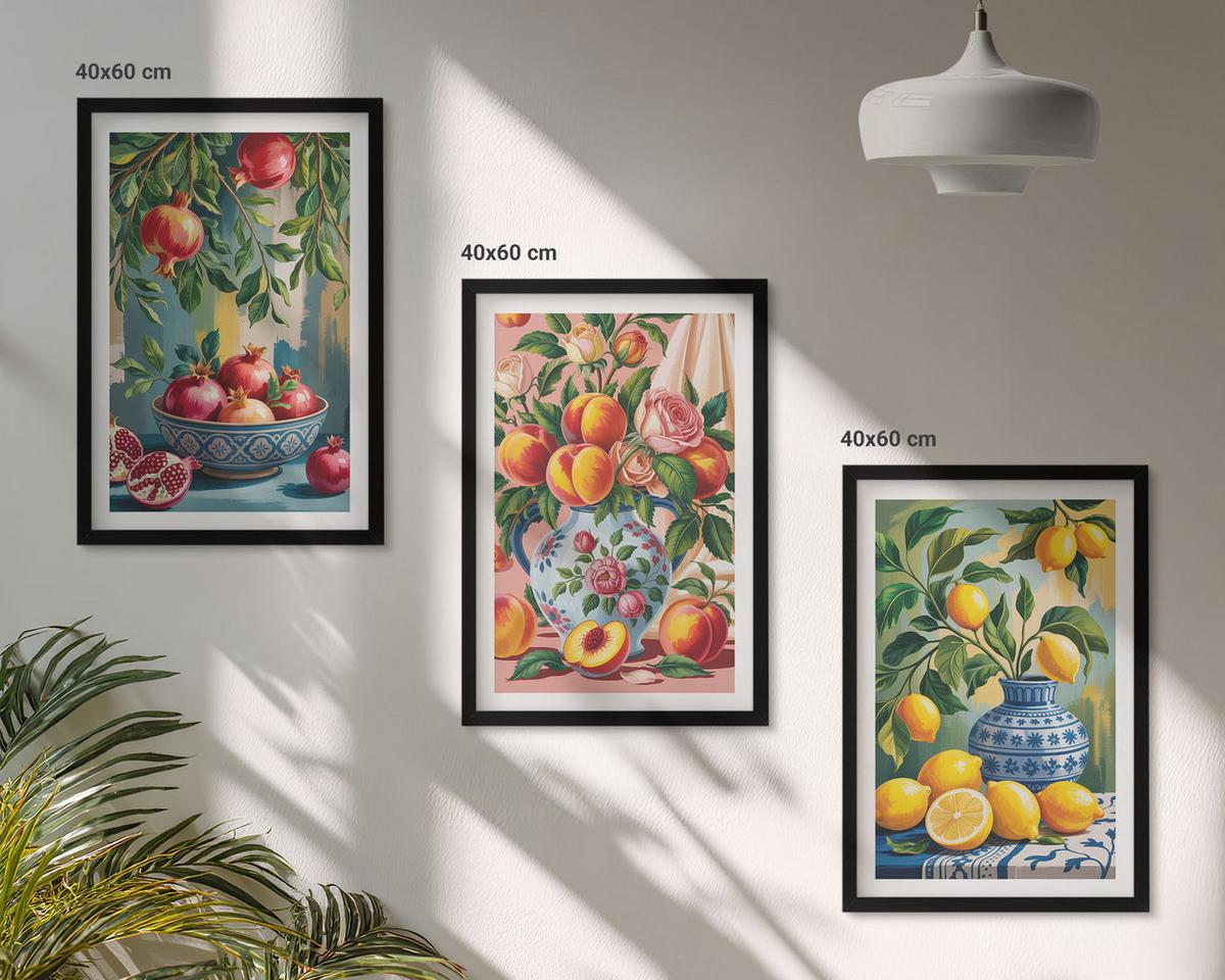 BILDER SET 3er Set - 40x60 cm Schwarzer Rahmen - Fruchtzusammensetzung von Granatäpfeln - Schwarz, Kunststoff (40/60cm) - TULUP
