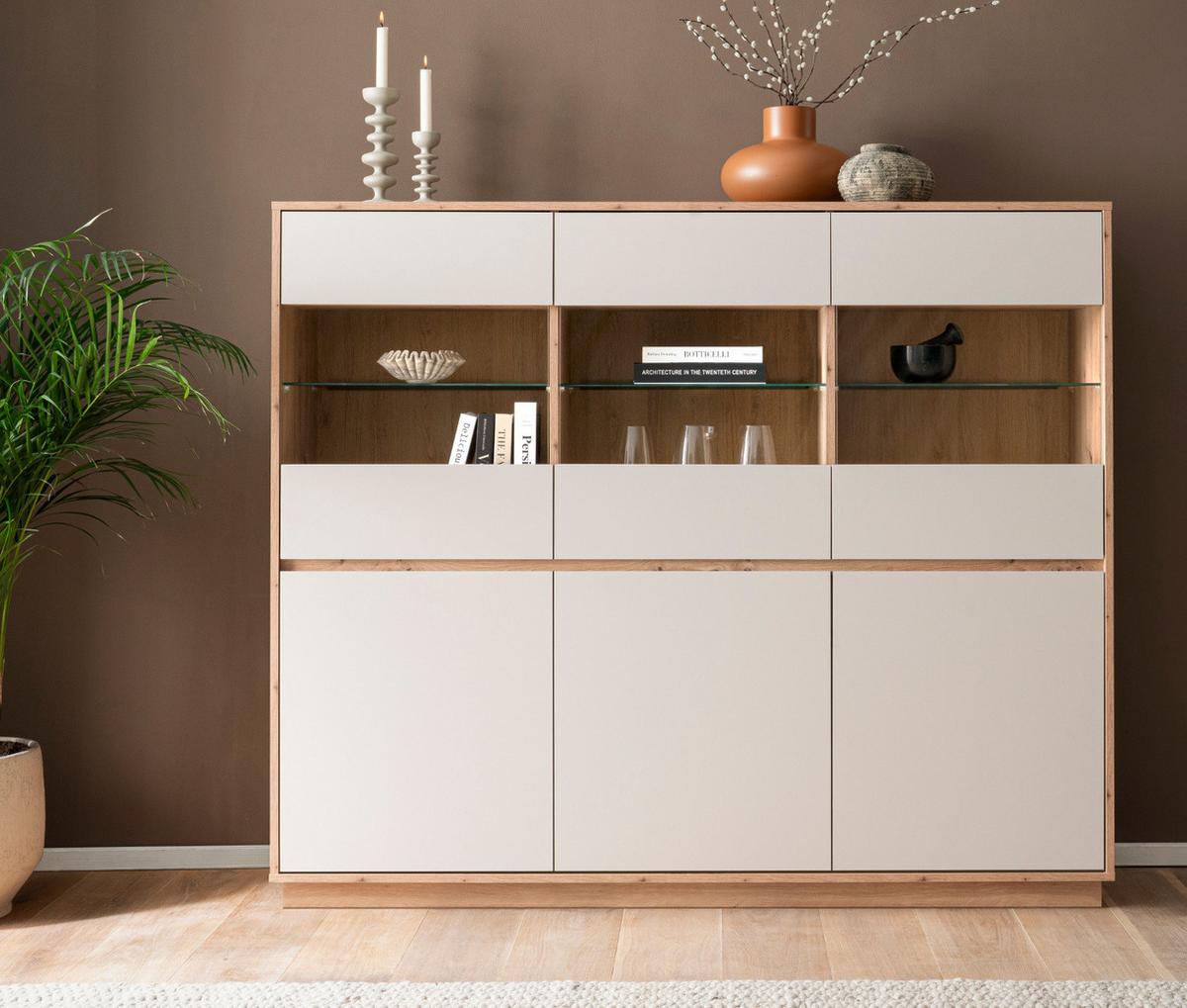 HIGHBOARD Kaschmir, Artisan Eiche 164 x 138 cm, Vitrine 6-türig mit Soft-Close - Kaschmir/Eiche Artisan, Glas/Holzwerkstoff (164/138/40cm) - Furn.Design