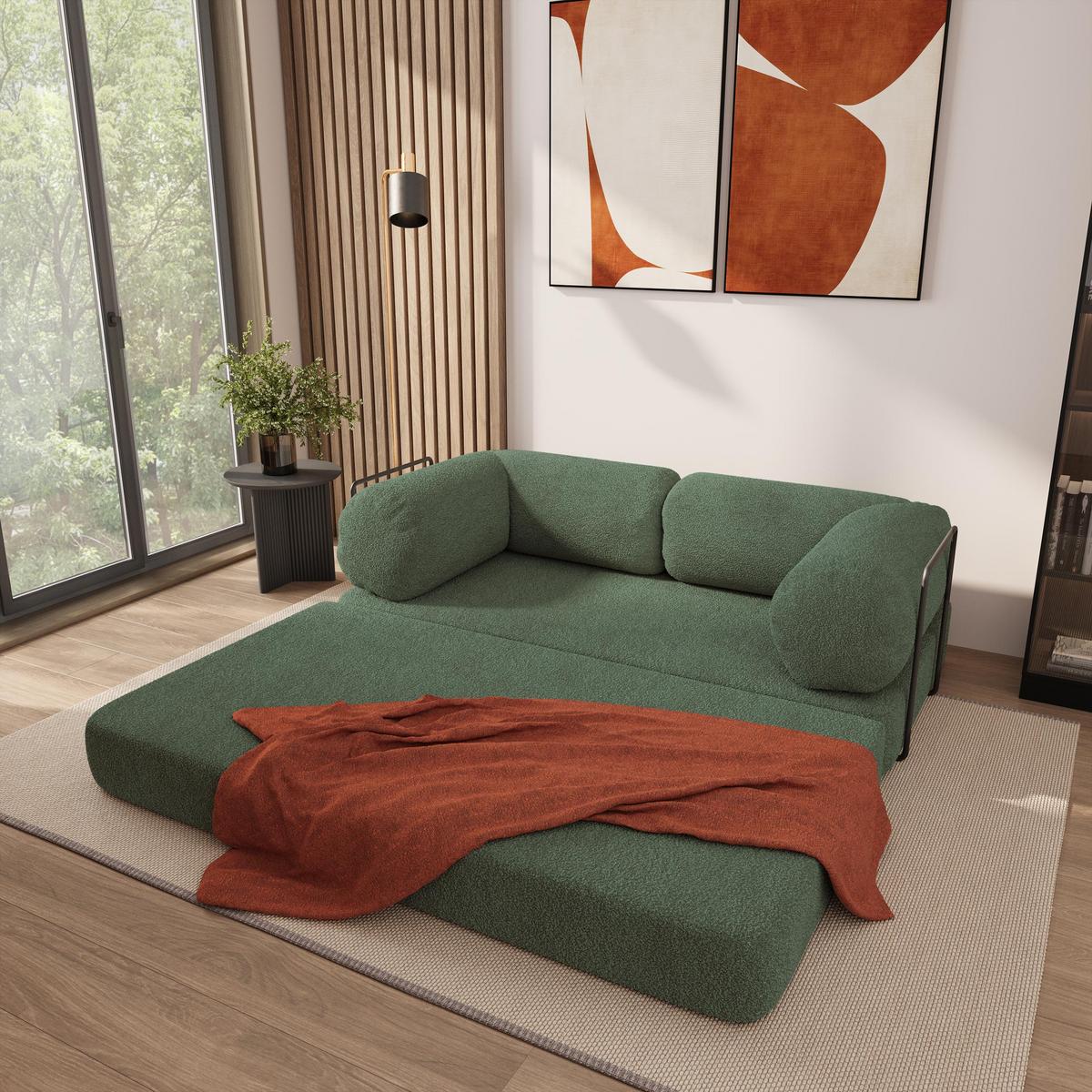 BETTSOFA EIREN aus Schaumstoff Bucle-Stoff Grün Schlaffunktion - Grün, Textil (170/68/80cm) - MASSENO