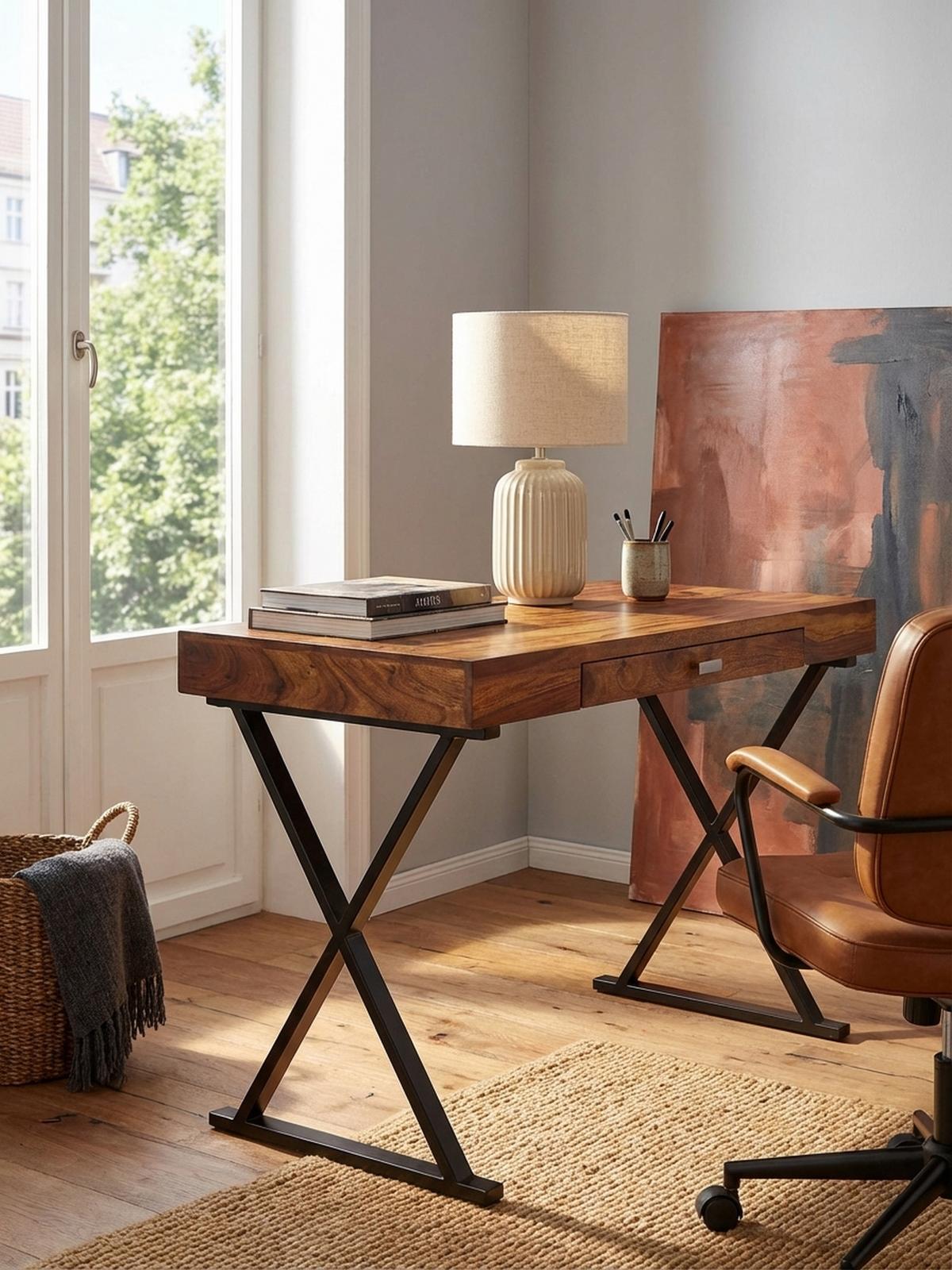 SCHREIBTISCH Massivholz X-Gestell Schublade, Schwarz 120x55x78 cm - Schwarz, Holz/Metall (55/120/78cm) - KADIMA DESIGN