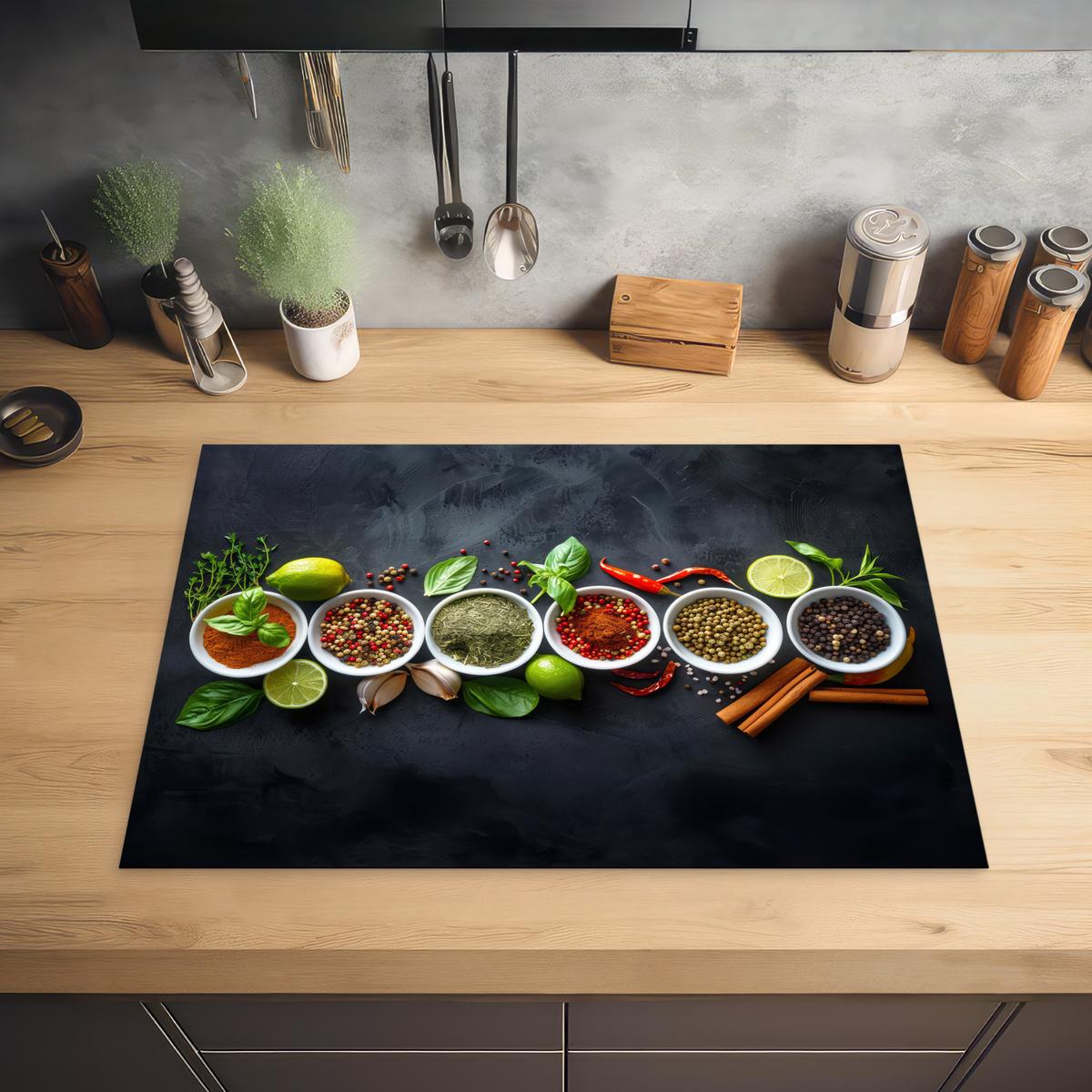 HERDABDECKPLATTE Kräuter - Gewürze - Konkrete Optik - Stilleben Herdabdeckung Induktionsfeld 75x52 cm - Multicolor, Kunststoff (75/52/0.2cm) - MuchoWow