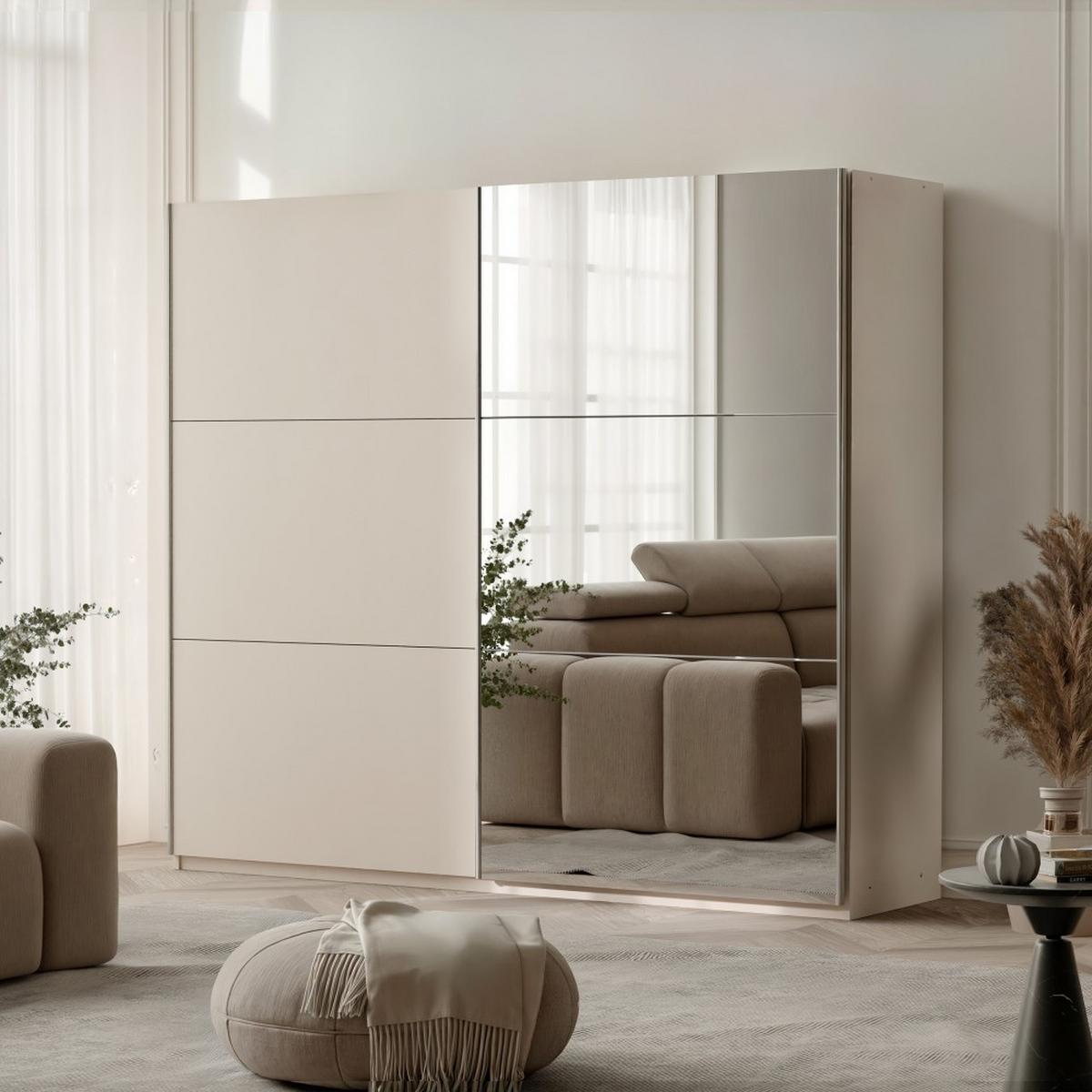 SCHWEBETÜRENSCHRANK Visto mit 2 Türen und Spiegel, 200 cm, Sandbeige - Sandfarben, Holzwerkstoff (200/215/65cm) - Beautysofa