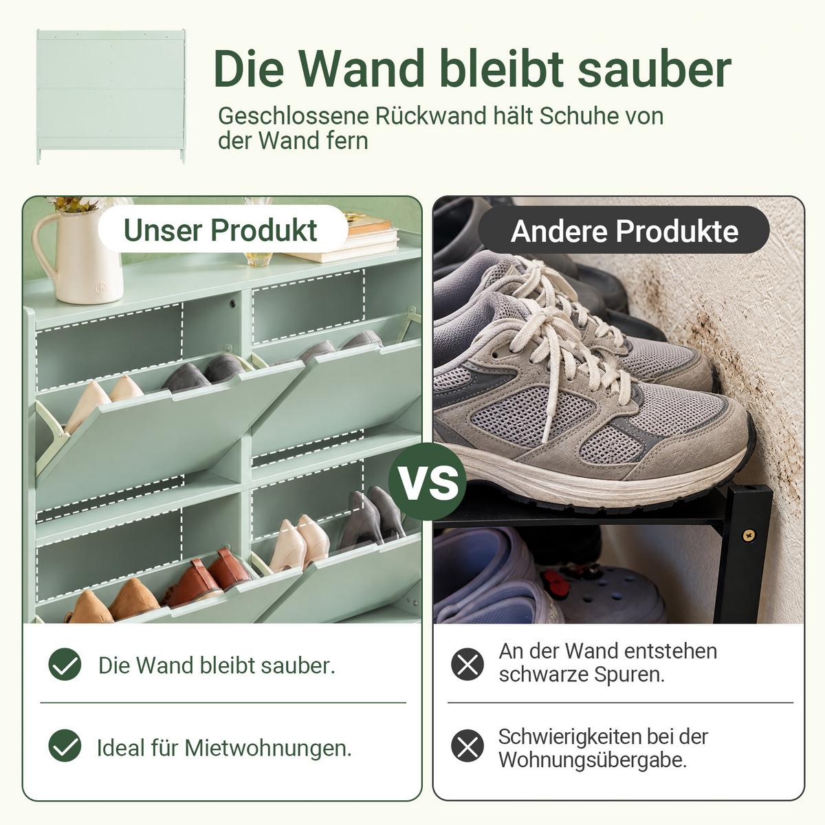 SCHUHSCHRANK grün, 100x91x19 cm, 4 Klappen für 8 Paar, nur 19 cm tief, Ablagefläche oben, für schmale Flure & hinter der Tür - Grün, Holzwerkstoff/Metall (100/91/19cm) - SoBuy