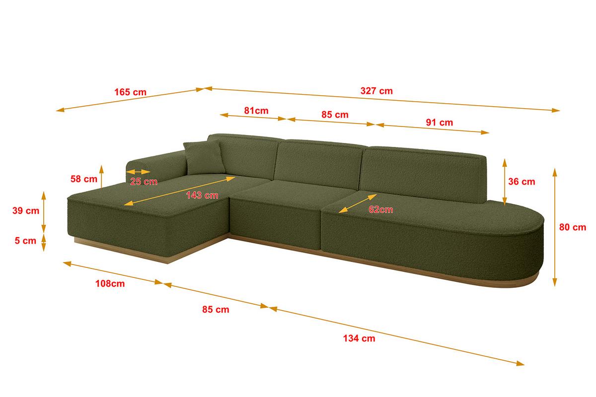 ECKSOFA Ottomane Links IREA-L2-v2 - 327x165x80 cm Grün - Platinfarben, Holzwerkstoff/Textil (327/165cm) - ALTDECOR