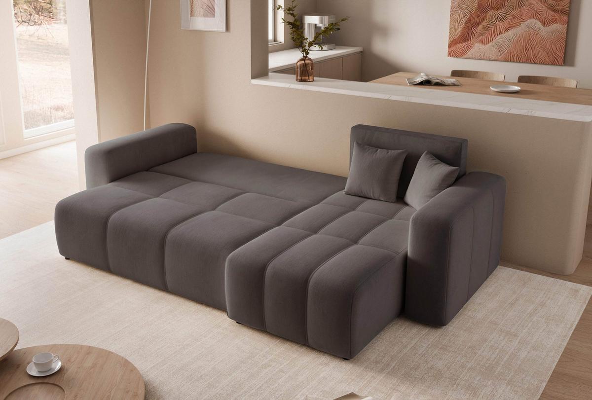 ECKSOFA Dunkelgrau Velours mit Bettkasten und Schlaffunktion - Dunkelgrau, Textil (248/145cm) - Idohome