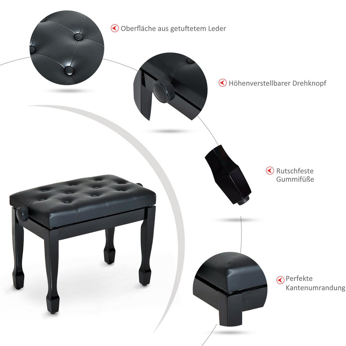 KLAVIERHOCKER Klavierbank höhenverstellbar Üben von Musikinstrumenten Hocker - Schwarz, Holz (35/55/64cm) - HOMCOM