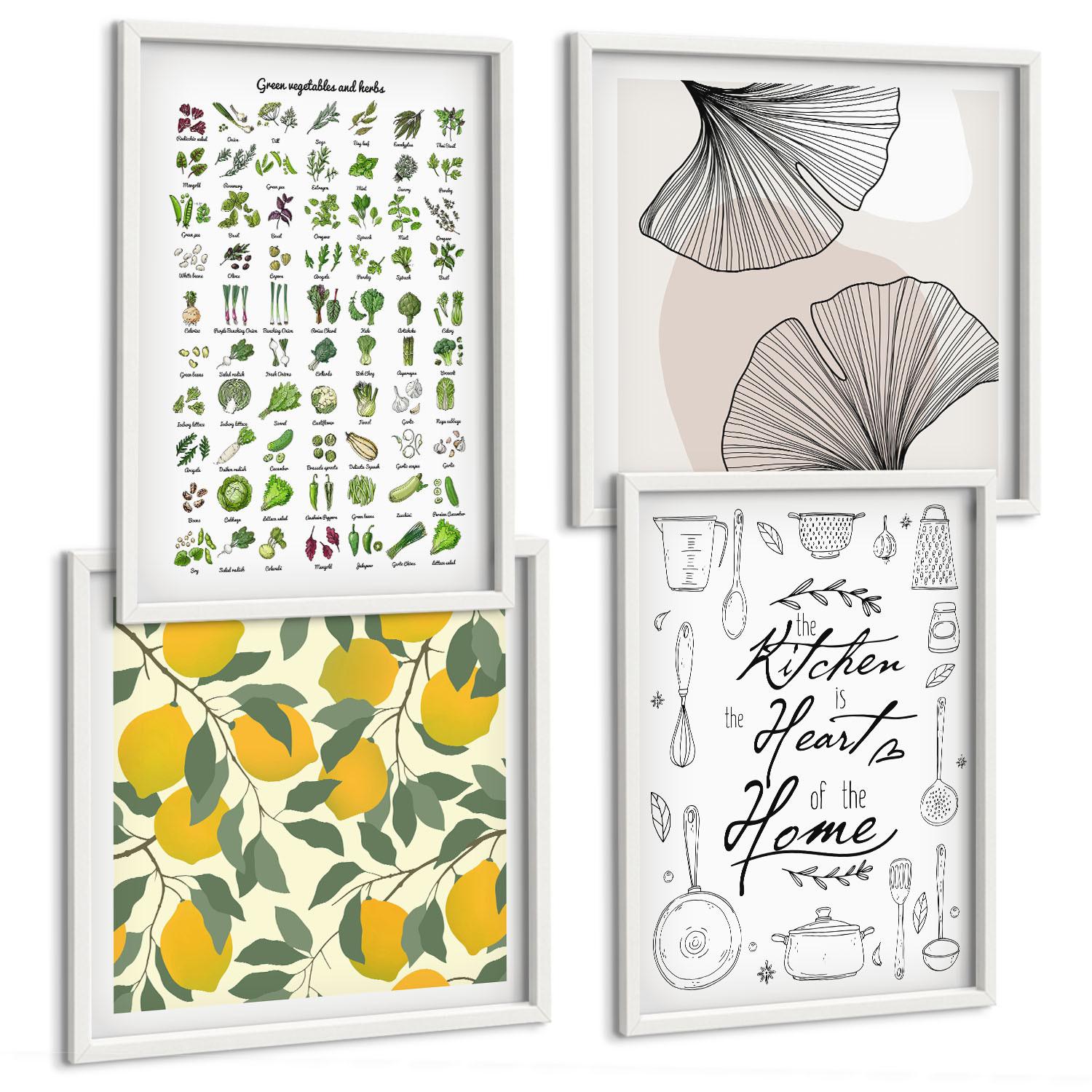 BILDER SET 4er Set - 50x50 cm & 40x60 cm Weißer Rahmen - Küchenkräuter-Zitronen-Malerei - Weiß, Kunststoff (50/50cm) - TULUP