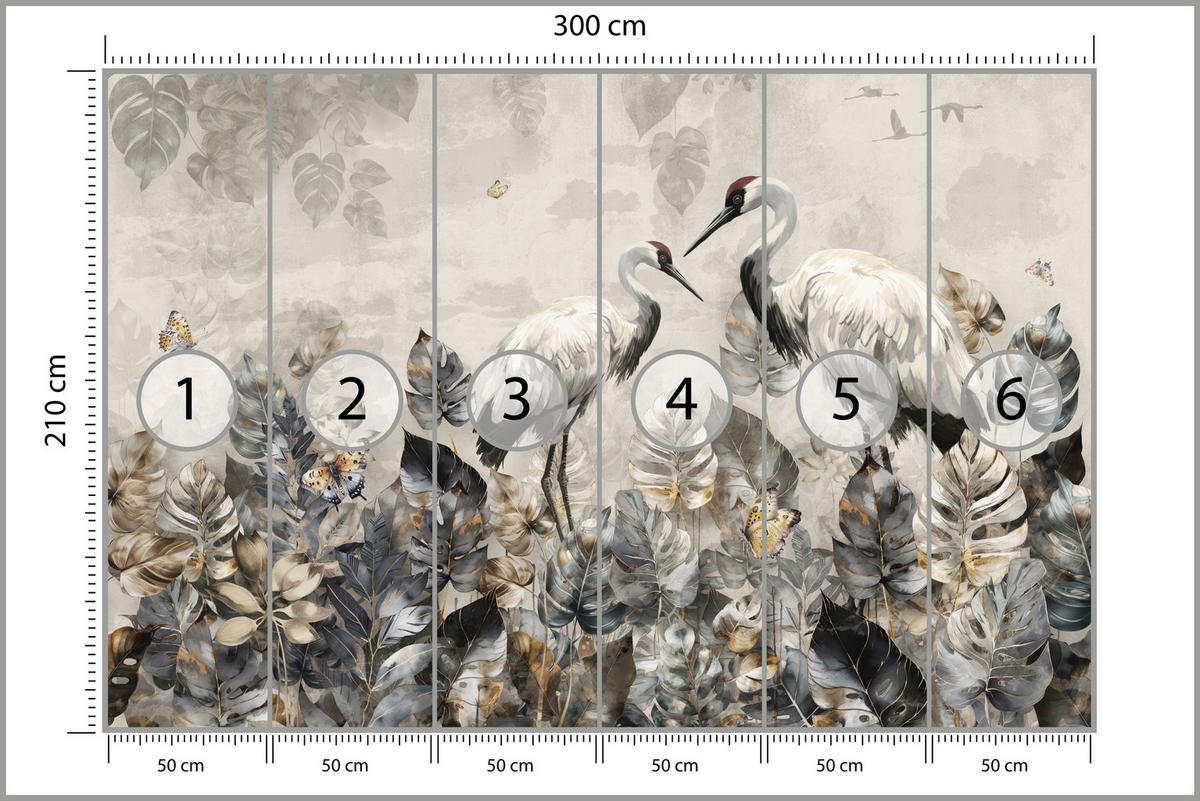 FOTOTAPETE für Wohnzimmer Kraniche Abstrakten Blättern Retro Natur 300x210 - Grau, Papier (300/210cm) - Muralo