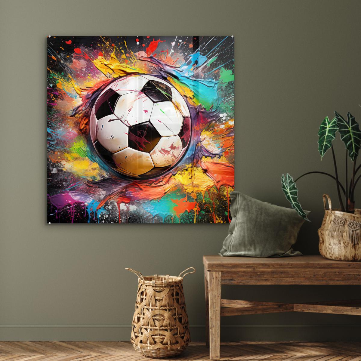 ACRYLGLASBILD Fußball - Farbe - Farben - Schwarz - Weiß 90x90 cm - Weiß, Glas (90/90cm) - MuchoWow