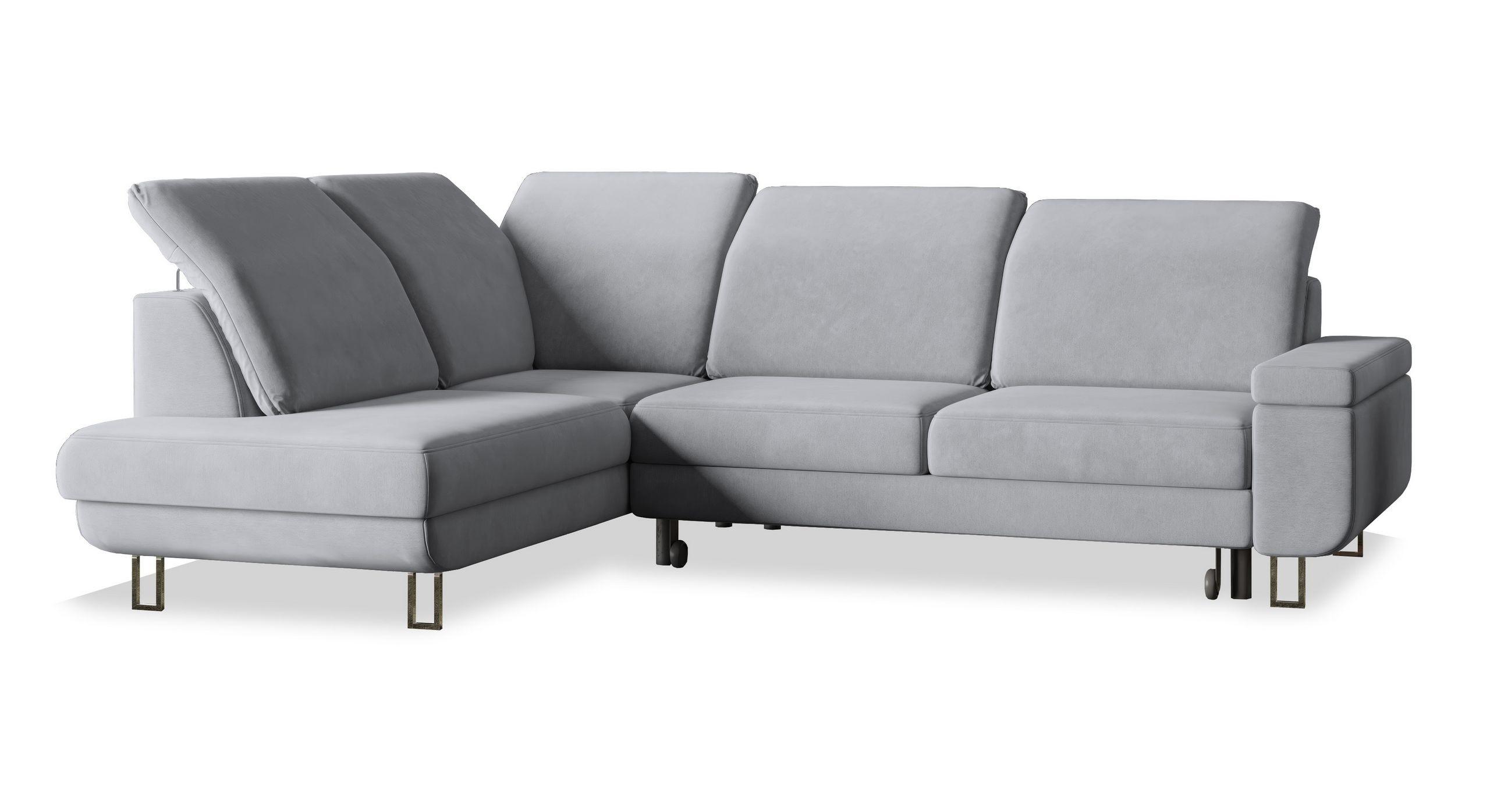 ECKSOFA LERMA L-S Hellgrau Velours-Stoff mit Schlaffunktion - Silberfarben/Hellgrau, Holz/Textil (253/190cm) - MASSENO
