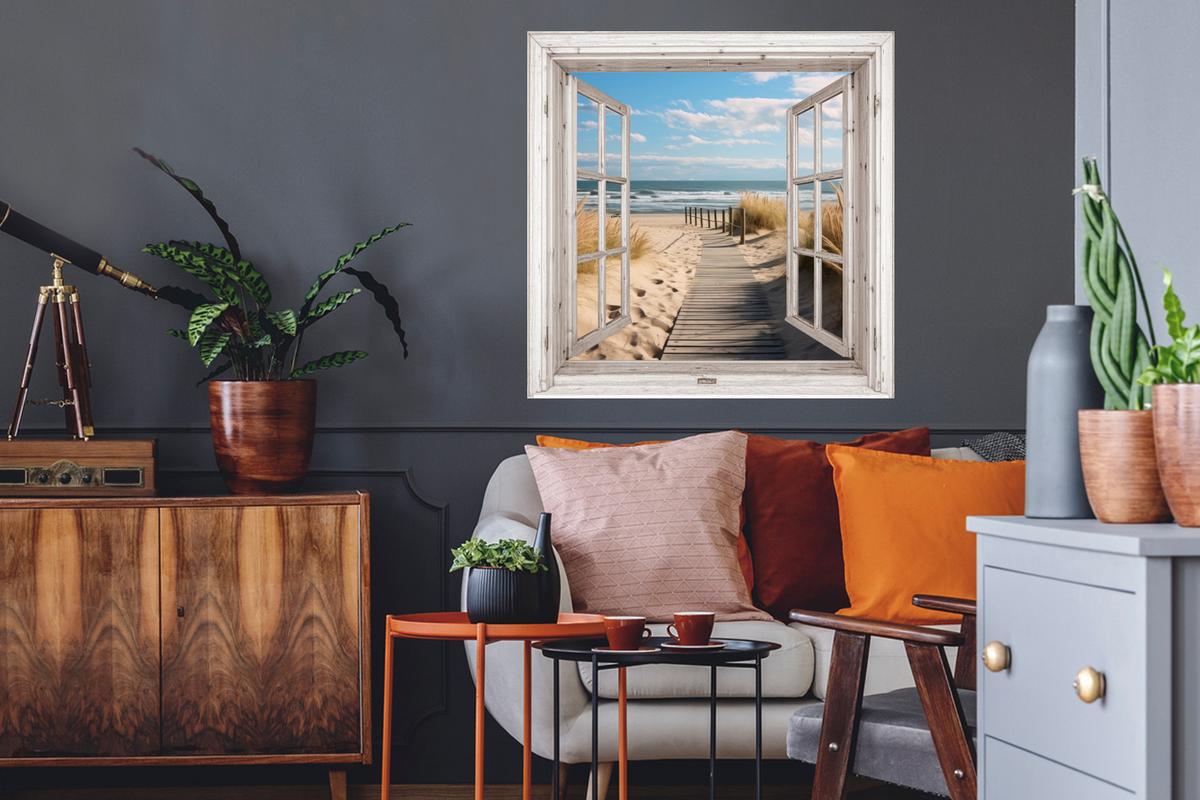 WANDTATTOO Fenster - Meer - Küste - Natur - Ausblick - Strand - Wattenmeer Wanddeko 50x50 cm - Beige, Kunststoff (50/50/0.1cm) - MuchoWow