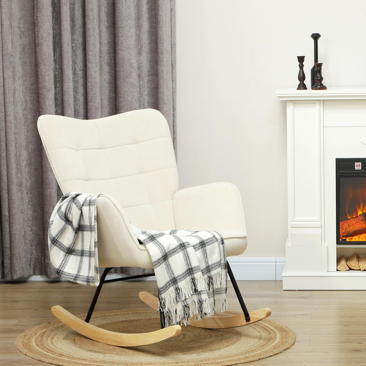 SCHAUKELSTUHL, Schaukelsessel mit Samtoptik, Armlehne für Wohnzimmer, Beige - Beige/Naturfarben, Buchenholz/Textil (98/101/71cm) - HOMCOM