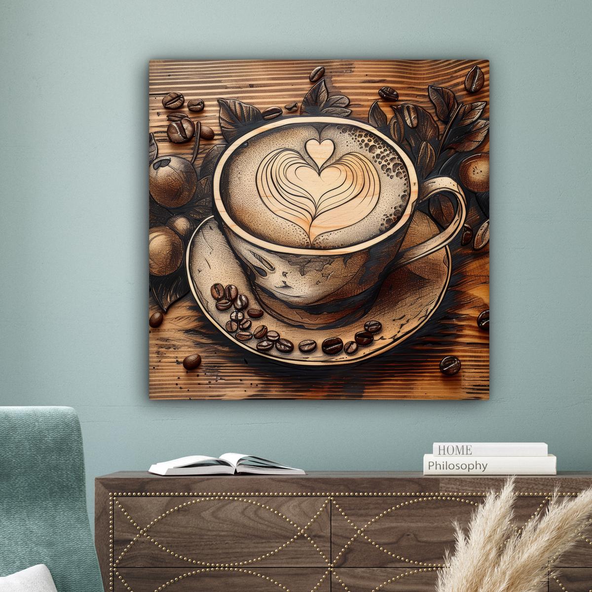 LEINWANDBILD Kaffee - Vintage - Braun - Tasse - Holz Deko Groß 90x90 cm - Braun, Textil (90/90cm) - MuchoWow