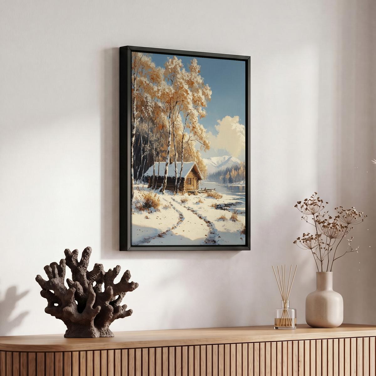LEINWAND Bilder mit Rahmen - Winter - Schnee - Zuhause - Natur - 20x30 - Hellbraun, Textil (20/30cm) - MuchoWow