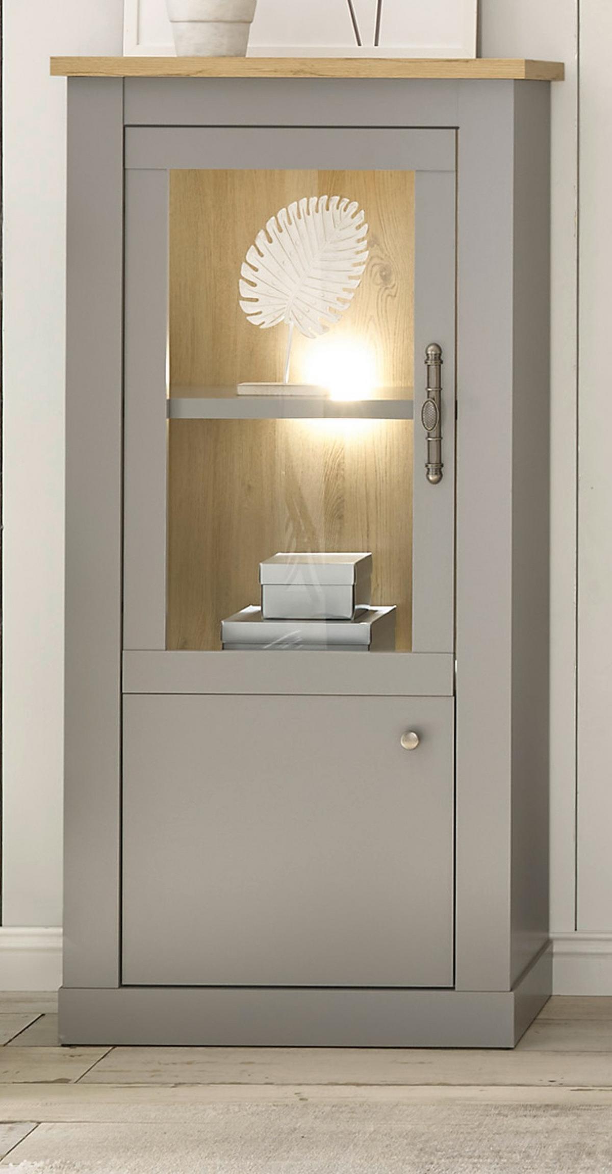VITRINE grau, Artisan Eiche Landhaus 68 cm, Vitrinenschrank 2-türig - Silberfarben/Hellgrau, Glas/Holzwerkstoff (68/142/37cm) - Furn.Design
