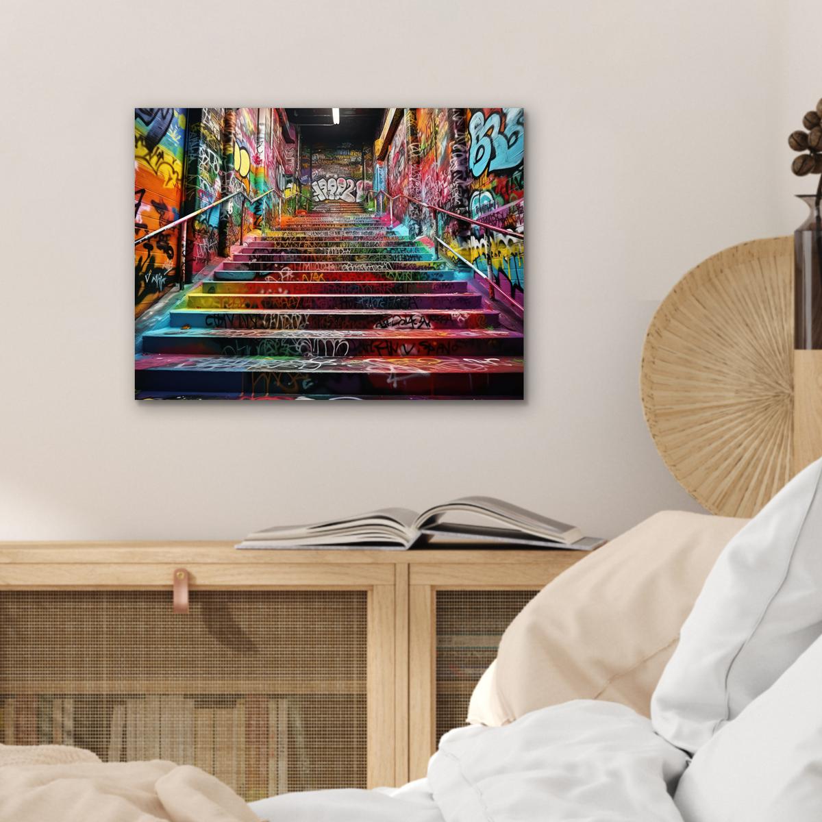METALLBILD Treppe - Graffiti - Farben - Kunst 40x30 cm - Multicolor, Metall (40/30cm) - MuchoWow