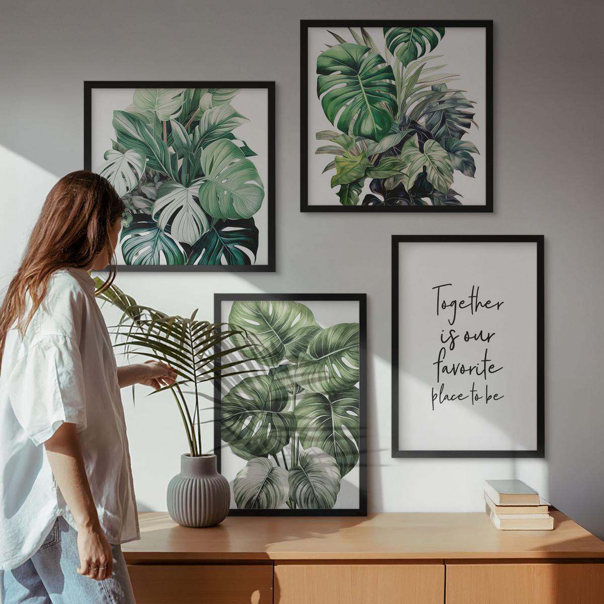 BILDER SET 4er Set - 50x50 cm & 40x60 cm Schwarzer Rahmen - Dekoration aus grünen tropischen Blättern - Schwarz, Kunststoff (50/50cm) - TULUP