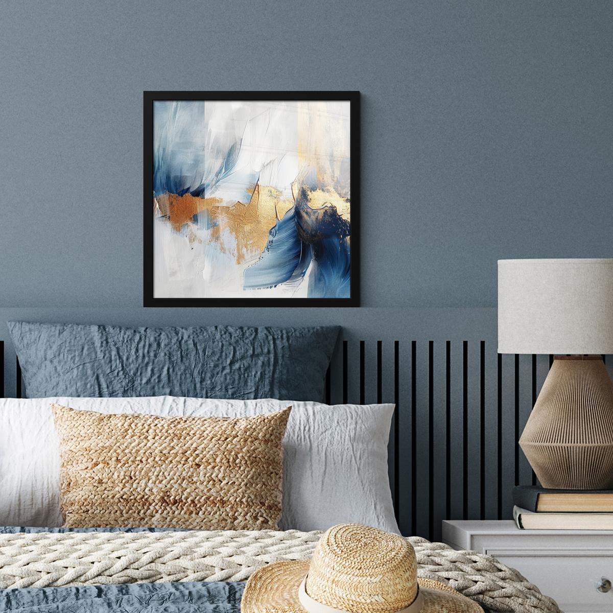 POSTER MIT RAHMENGERAHMTES BILD Gold - Blau - Aquarell - Kunst - Modern 40x40 cm - Hellblau, Papier (40/40cm) - MuchoWow