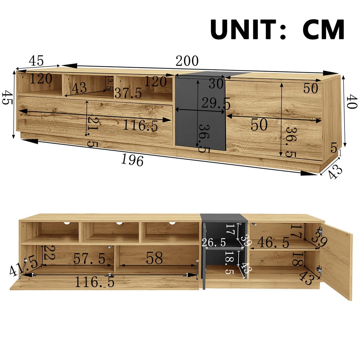 TV-LOWBOARD Eichefarben mit Türen und offenen Fächern - Eichefarben, Holzwerkstoff/Metall (200/45/45cm) - Urban Meuble