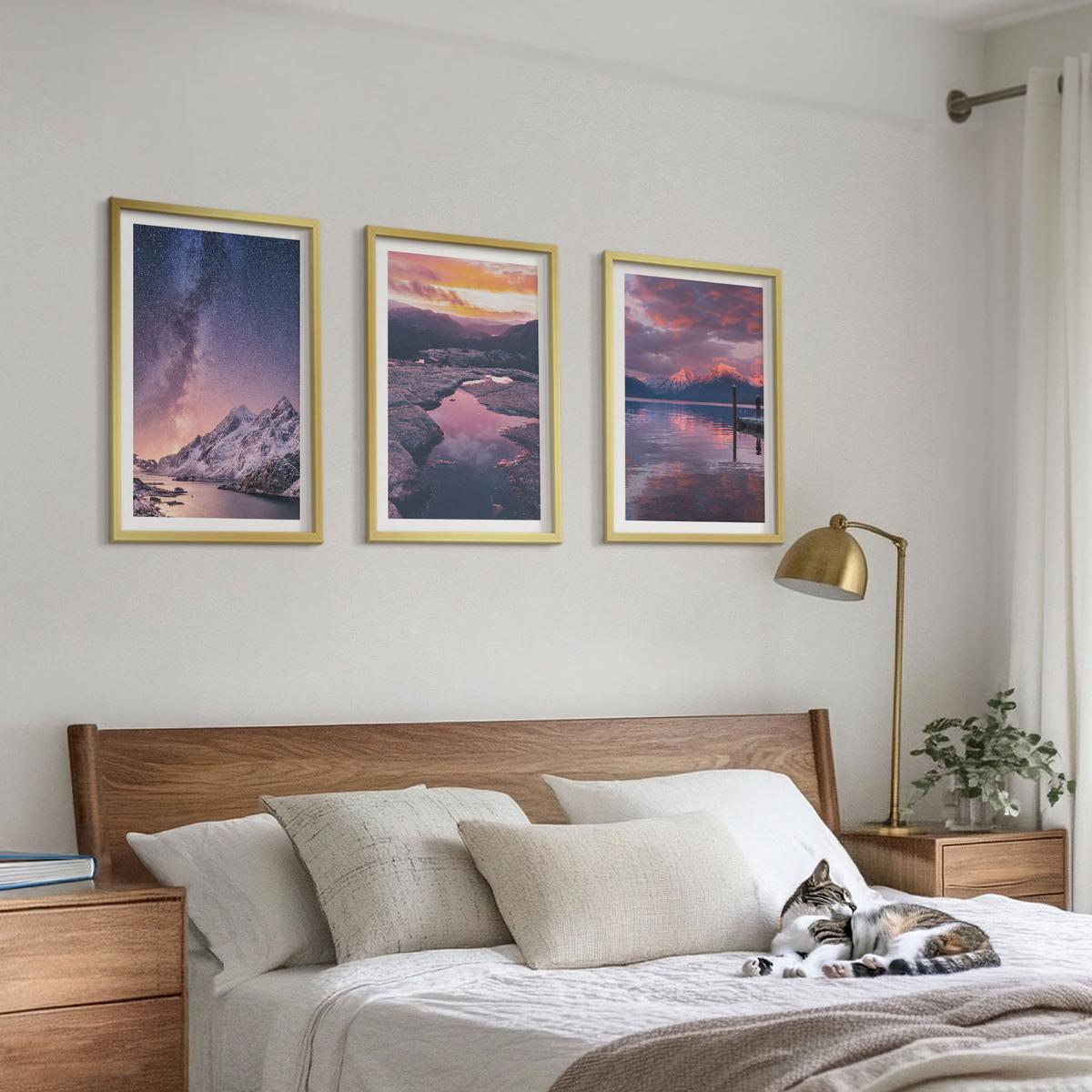 BILDER SET 3er Set - 40x60 cm Goldrahmen - Berge, Wasser, wunderschöne Landschaften - Goldfarben, Kunststoff (40/60cm) - TULUP