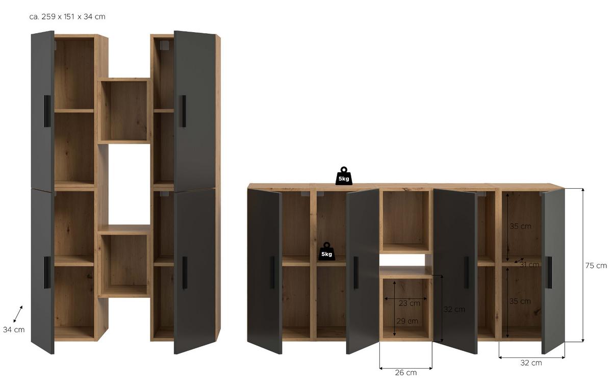 WOHNWAND grau, Eiche Artisan 259 x 184 cm, Wohnkombination hängend / stehend - Schwarz/Eiche Artisan, Holzwerkstoff/Kunststoff (259/151/34cm) - Inn.Furn