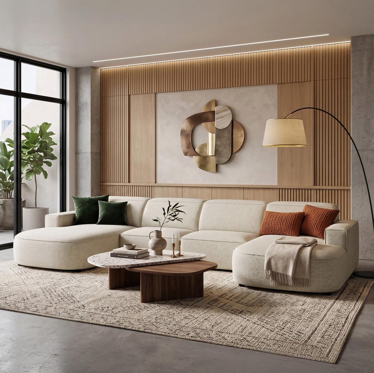WOHNLANDSCHAFT Sallmo U-Form, universell, 3-Sitzer 374 cm - Creme/Schwarz, Kunststoff/Textil (374/70/166cm) - Selsey