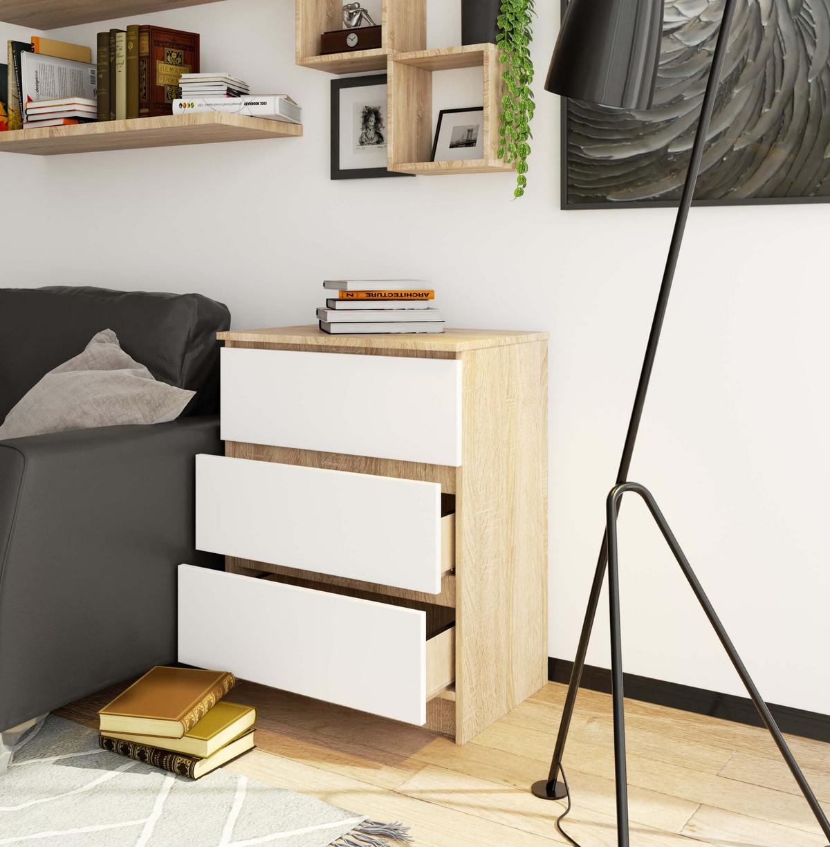 KOMMODE Eiche Sonoma, Weiß 77/60/40 - Weiß, Holzwerkstoff (60/77/40cm) - RAUMHIRSCH FURNITURE