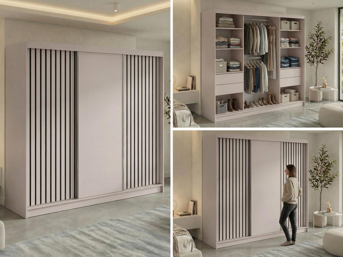 SCHWEBETÜRENSCHRANK mit Lamellen und Schubladen LUMOS - 240 - Kaschmir und Schwarz - Kaschmir/Schwarz, Holzwerkstoff/Metall (240/216/61cm) - MKS