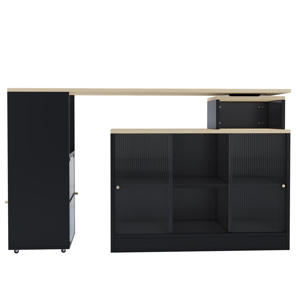 KÜCHENINSEL ausziehbar 170 cm Schwarz – Drehbare Barinsel mit Glas-Schiebetüren & Stauraum - Schwarz, Holzwerkstoff (115/60/100cm) - Urban Meuble