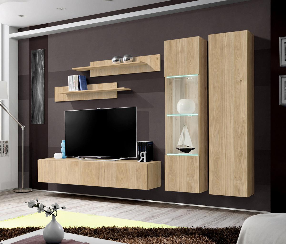 WOHNWAND Eiche Jackson 260 cm 5-teilig hängend, Anbauwand mit LED-Beleuchtung - Eichefarben, Glas/Holzwerkstoff (260/170/40cm) - Inn.Furn