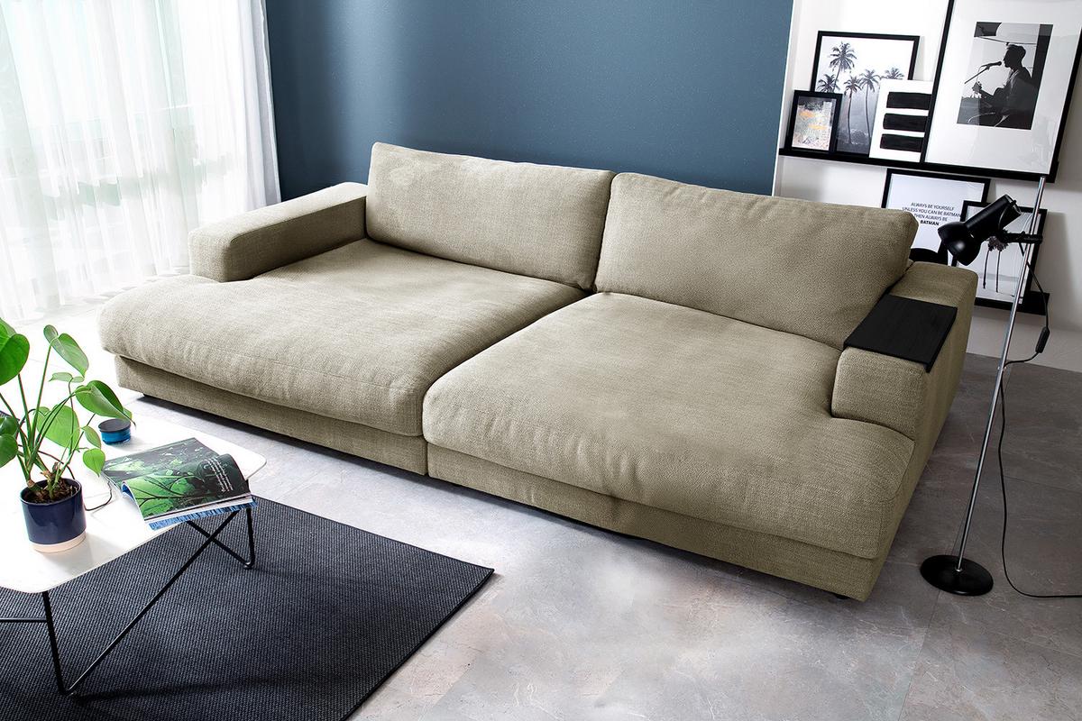 BIG SOFA MIT TABLETT MADELINE Cremeweiß Webstoff - Creme/Schwarz, Kunststoff/Textil (290/85/170cm) - KAWOLA