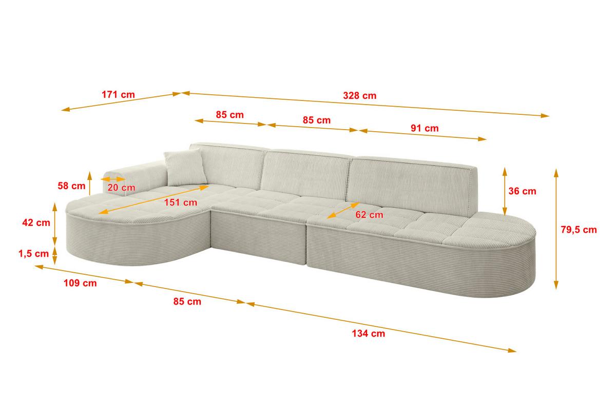 ECKSOFA Ottomane Links TARO-L2 - 328x171x79,5 cm Creme - Hellgrau/Creme, Holzwerkstoff/Textil (328/171cm) - ALTDECOR