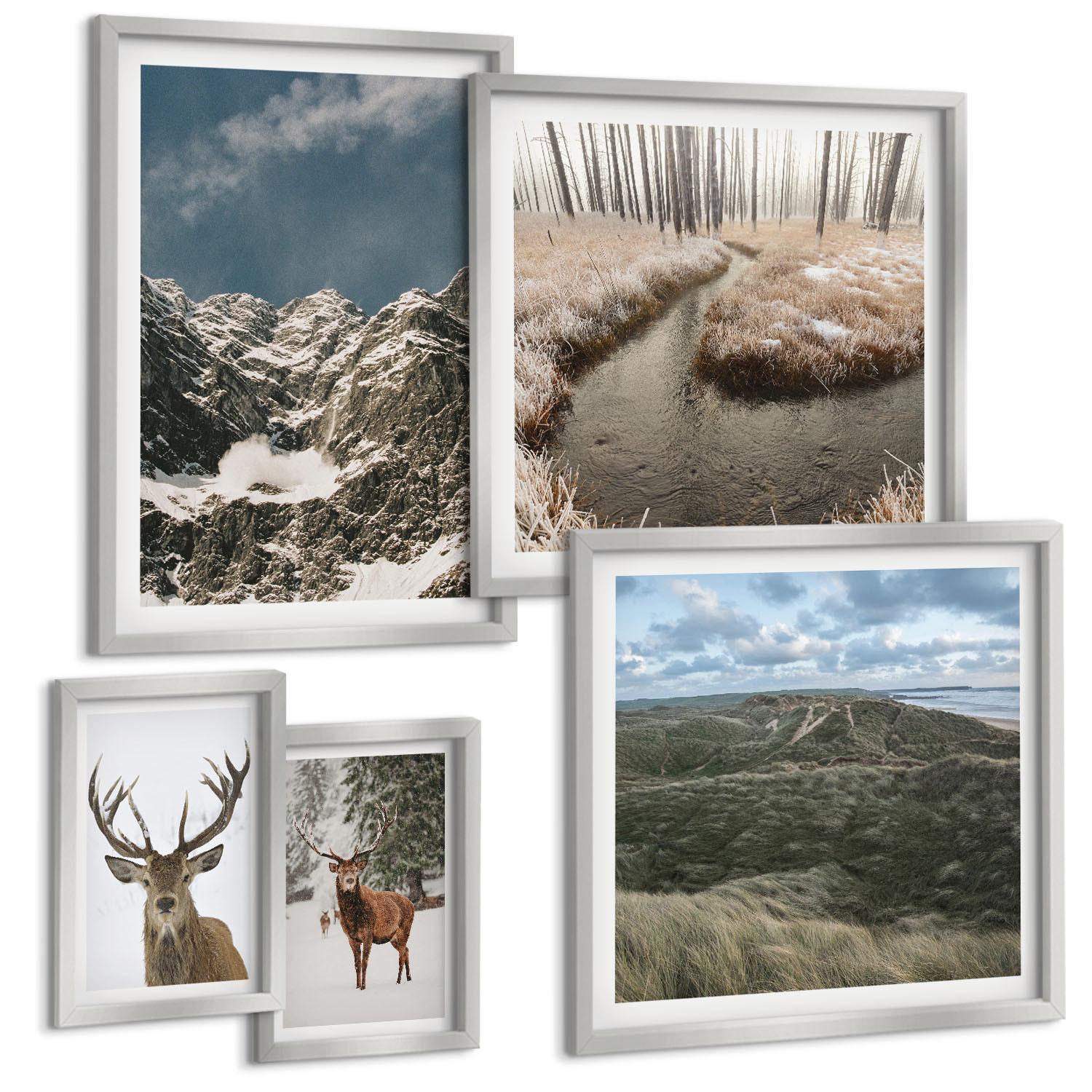 BILDER SET 5er Set - 50x50 cm & 20x30 cm & 40x60 cm Silberner Rahmen - Berge, Schnee, Hirsche, Waldlandschaft - Silberfarben, Kunststoff (40/60cm) - TULUP