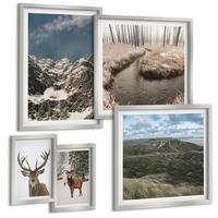 BILDER SET 5er Set - 50x50 cm & 20x30 cm & 40x60 cm Silberner Rahmen - Berge, Schnee, Hirsche, Waldlandschaft - Silberfarben, Kunststoff (40/60cm) - TULUP