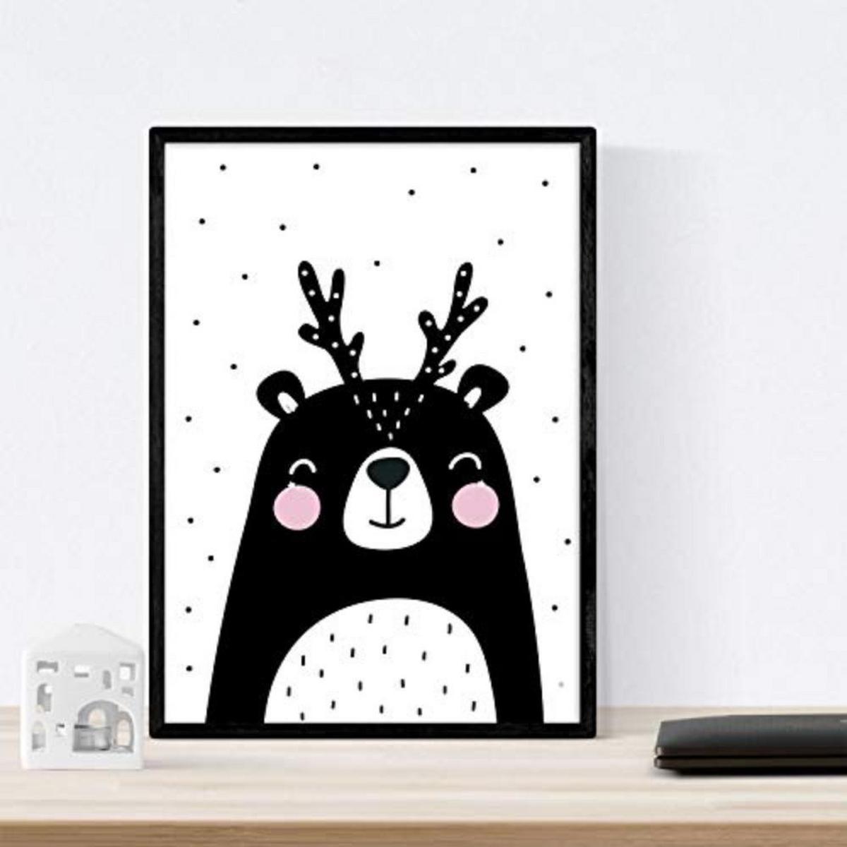 POSTER Set mit 4 Eisbär, Kaninchen, Hypopotamus und Ananas Tieren A3 Schwarzer Rahmen - Schwarz, Papier (29.7/3cm) - Nacnic